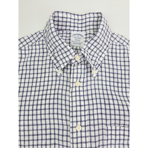 Brooks Brothers Regent Size Medium Men White Blue Check Baird Mcnutt Irish Linen - Picture 1 of 10